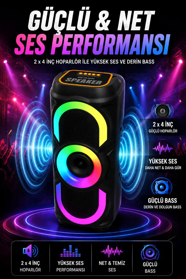Kablosuz Mikrofonlu Bluetooth Hoparlör Karaoke RGB Işıklı TWS Destekli Taşınabilir Parti Hoparlörü USB FM Radyo 